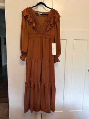 Ruffle-Trim Tiered Maxi Dress in Rust Brown